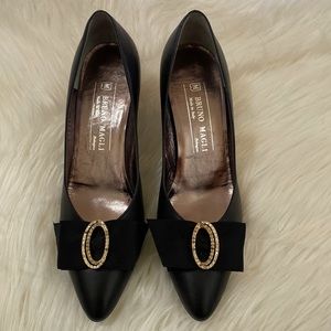 Bruno Magli Black and Gold Heels With a Rhinestone Bow